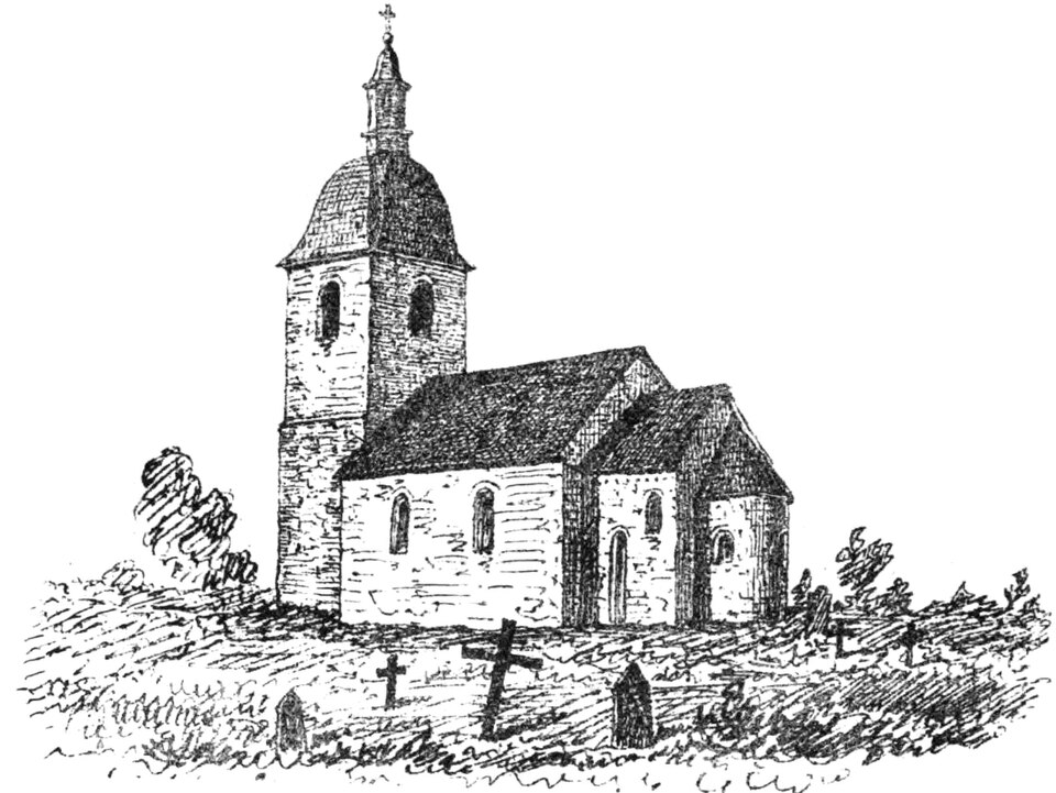 Östra Tollstads gamla kyrka i Östergötland. Teckning i "Utdrag af Antiqvitets-Intendenten P. A. Säves afgifna berättelse för år 1861", publicerad i Antiqvarisk tidskrift för Sverige band 1, 1864.