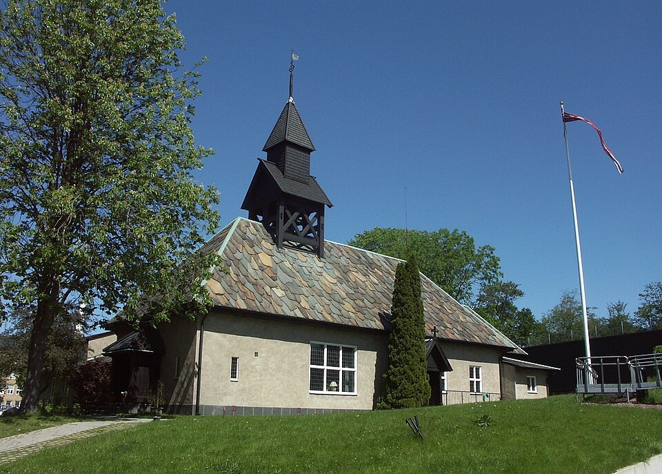 The Norwegian Sailor's Church, in Göteborg Sweden. The Norwegian pennant raised on the flagpole.