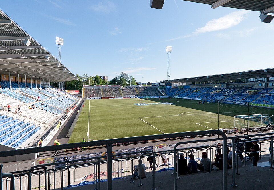 A view over Nya Parken football arena in Norrköping, Sweden. To the left, Östra Läktaren (the East Stand), in the center Södra Läktaren (the South Stand) with the Away team section to the left. To the