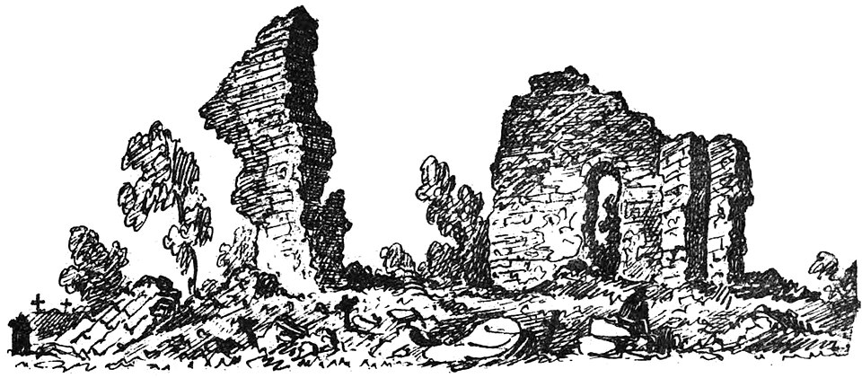 Ruin av Varvs kyrka i Östergötland. Teckning i "Utdrag af Antiqvitets-Intendenten P. A. Säves afgifna berättelse för år 1861", publicerad i Antiqvarisk tidskrift för Sverige band 1, 1864.