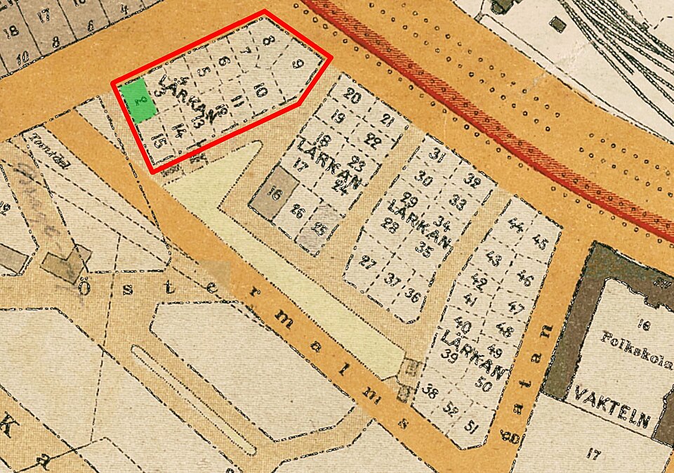 Kvarteret Lärkan, karta 1909 (Tofslärkan 2, grön markering)