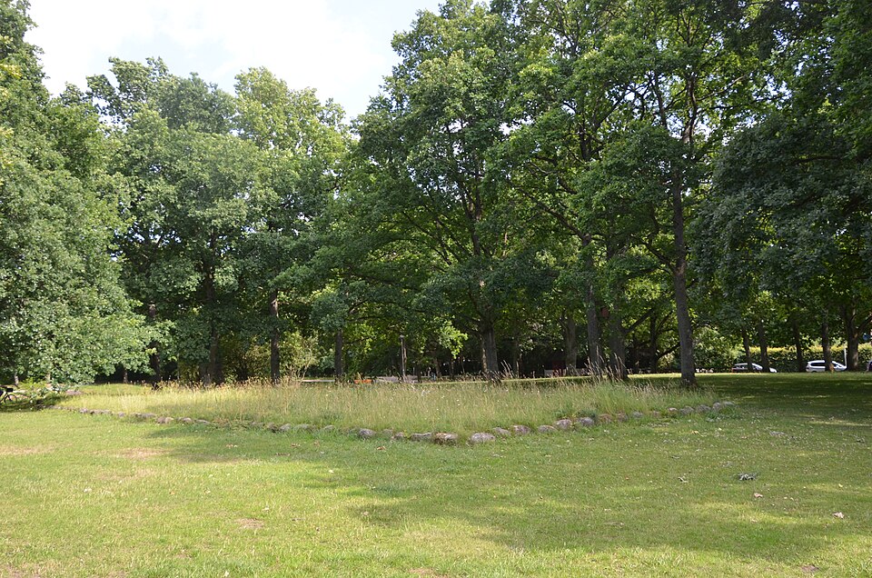 Markings with stones in the grass of Sankt Jörgens Park of earlier medivial church of Sankt Jörgens hospital,Lund, Sweden