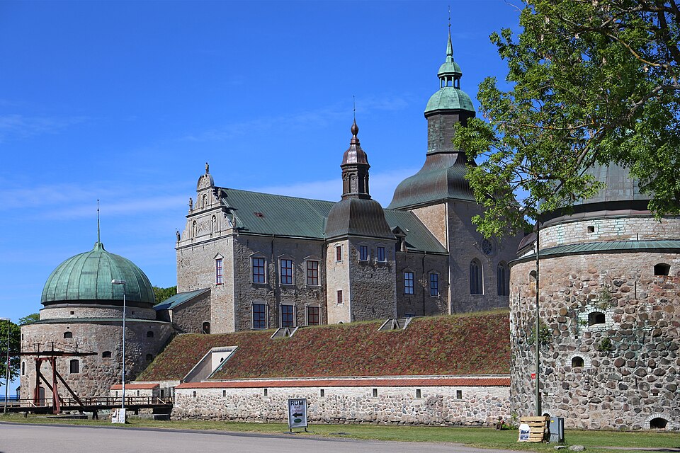 Vadstena Castle, a Swedish Renaissance castle from the 16th century. It is a square fortress with a moat.