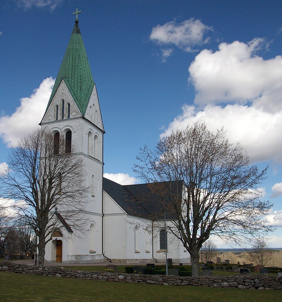 Borgunda kyrka (swedish: church of Borgunda), Västergötland, Sweden. The church was built in 1766 - 1767 after the old church had been destroyed two years earlier in a lightning strike. The tower was 