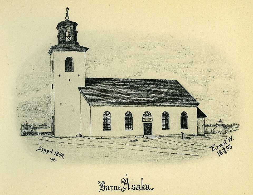 Barne-Åsaka kyrka år 1893 i Barne härad, Skara stift, Västergötland, Sverige. Kyrkan är byggd 1844. Teckning av Ernst Wennerblad ur Skara stifts kyrkor (1902).