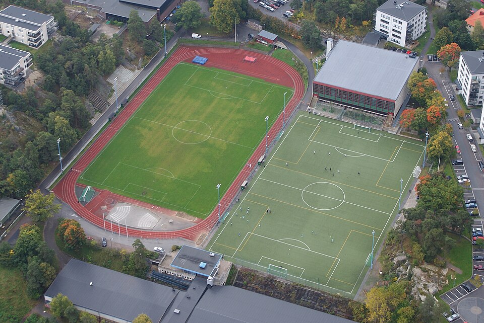Sundbyberg IP sedd från helikopter.