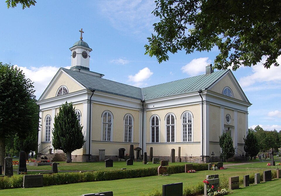 Hovmantorp Church.The church is a cruciform church was built of wood 1845-1847 in neoclassical style designed by architect Theodor Edberg. The church was inaugurated in 1847 by Bishop Christopher Isac
