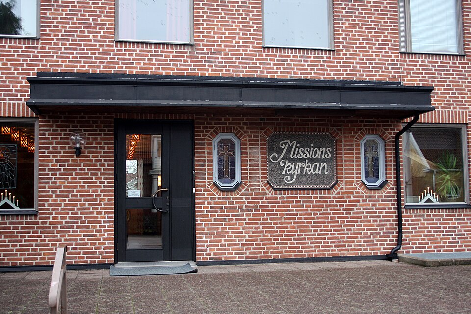 Entrance of Missionskyrkan (Mission Covenant Church) in Vårgårda, Sweden