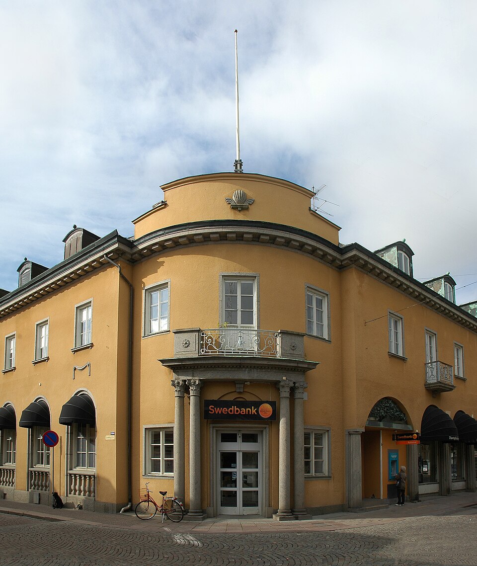 Swedbank in the Sparbanken house at Storgatan 7 in Falköping, Falköping Municipality, former Skaraborg County, Västergötland, Västra Götaland County, Sweden. The building was built by Sparbanken in 19