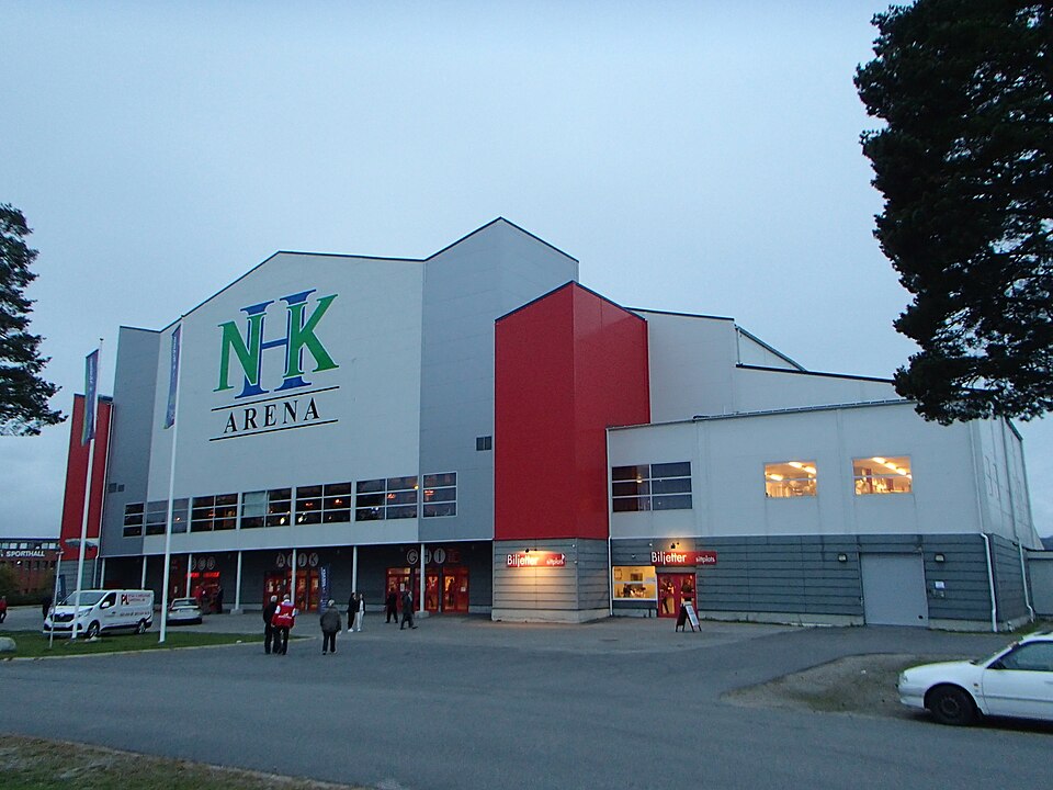 The ice hockey venue "NHK Arena" at Sportvägen 4 in Sörberge, Timrå Municipality, main spectator entrance viewed from east