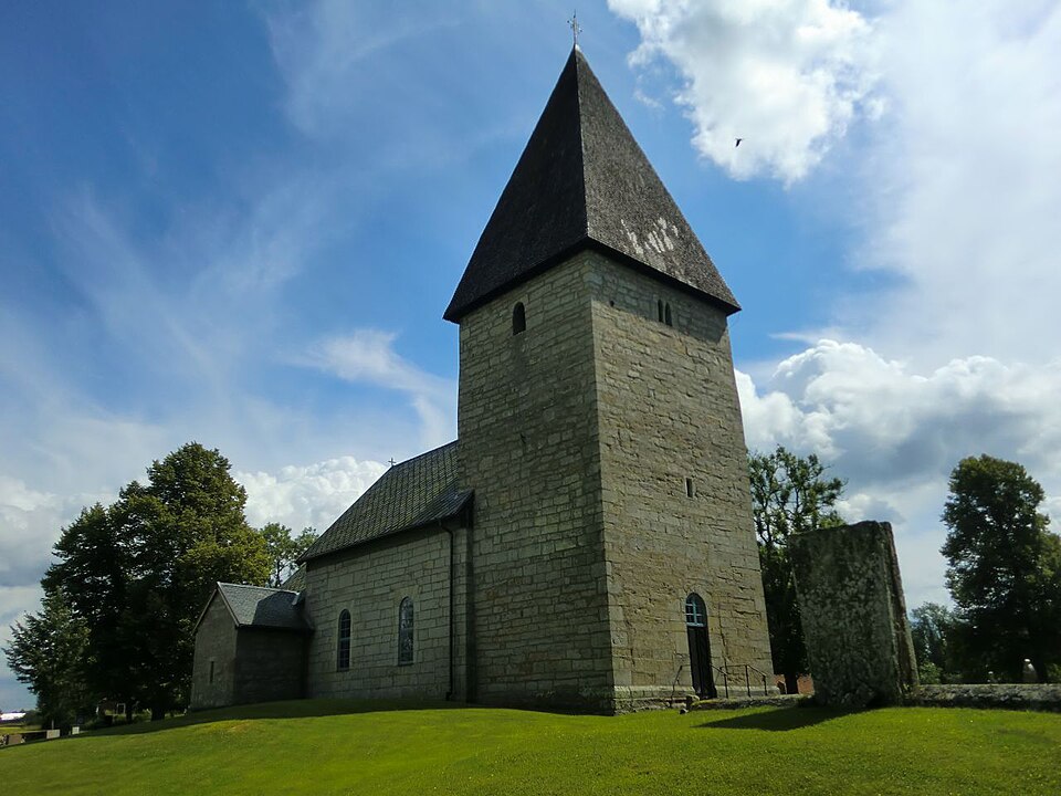 The massive tower of the church at Kinne-Vedum, Kinnekulle, Sweden