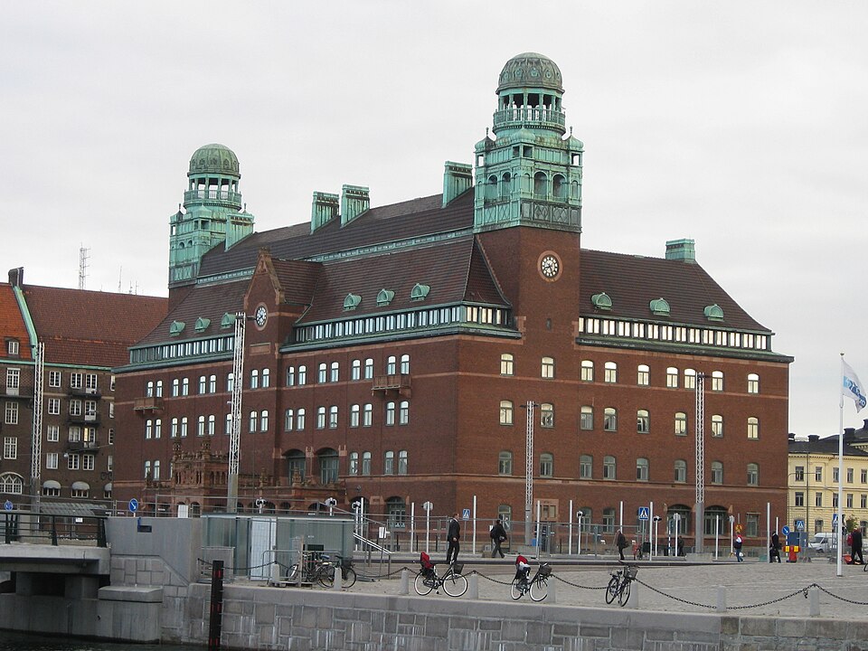 Old postal house in Malmö, Sweden. Located near the central station, by the harbour. The house was constructed in 1906, architect was Ferdinand Boberg. It is today used by the company Volito.