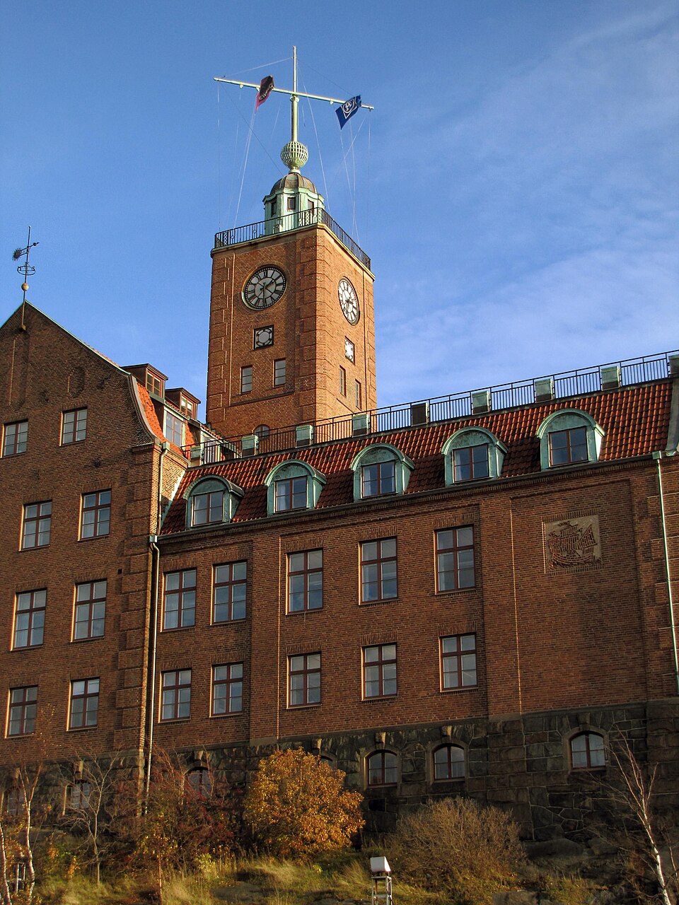 The tower of the Navigation school building in Göteborg, Sweden. A time ball is at the top of the tower.