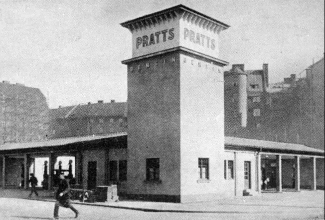 Pratts Birger Jarlsgatan / Kungstensgatan Stockholm, kv. Sälgen 4. Arkitekt: Sven Wranér. (Liknande byggnad fanns i Helsingfors File:Oy Shell Ab-n huoltoasema, Turun kasarmi, Simonkatu 1 - Heikinkatu 