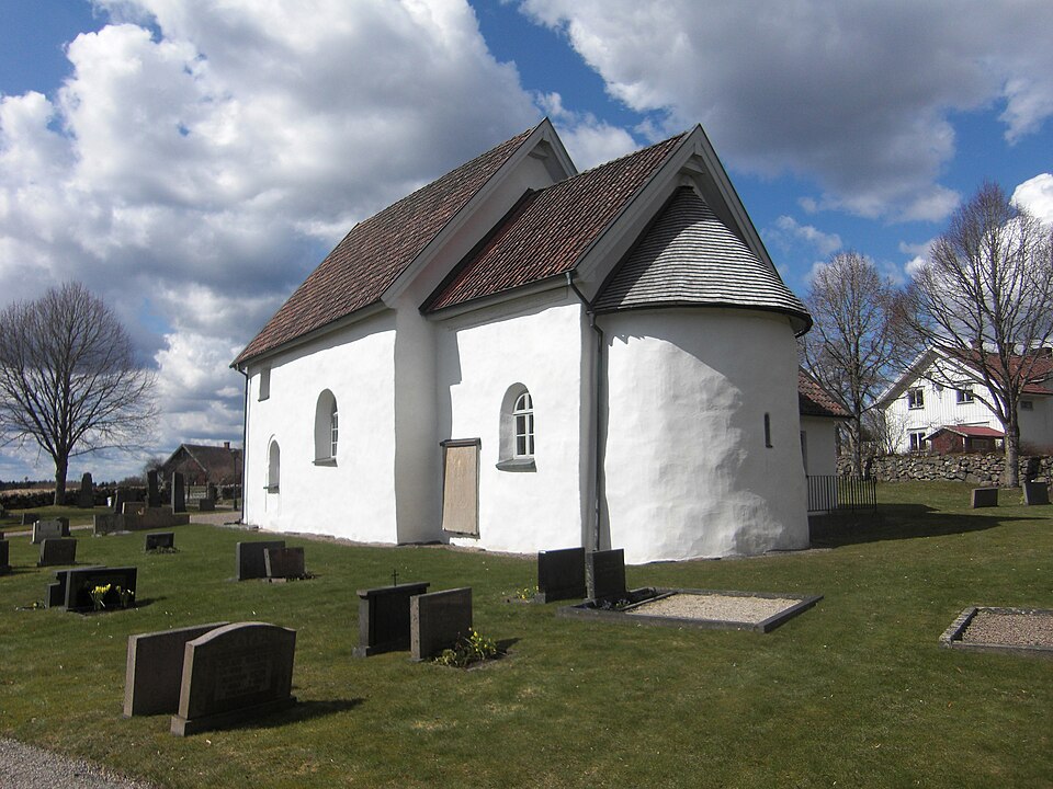 Exteriör av Mjäldrunga kyrka i Mjäldrunga socken, Gäsene härad, Herrljunga kommun, Skara stift, f.d. Älvsborgs län, Västergötland, Västra Götalands län, Sverige.