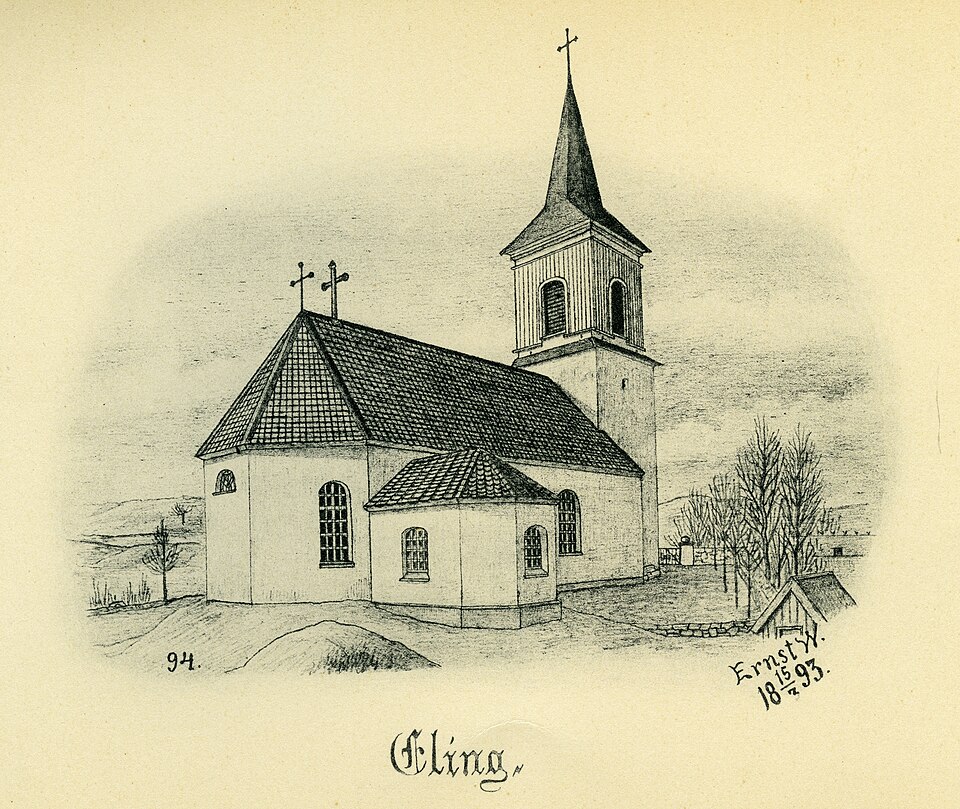 Elings kyrka år 1893 i Barne härad, Skara stift, Västergötland, Sverige. Teckning av Ernst Wennerblad ur Skara stifts kyrkor (1902).