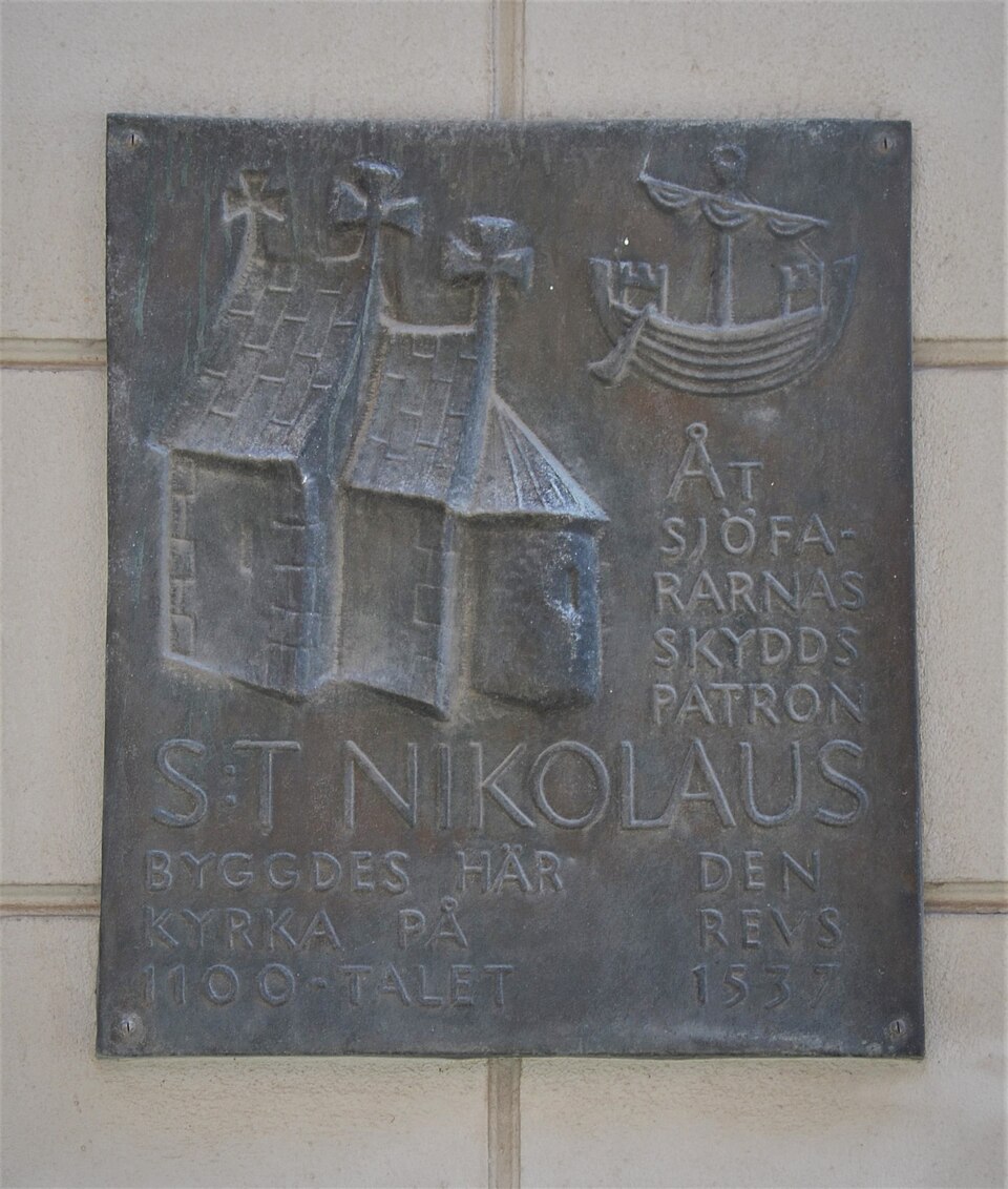 St.Nikolaus church, Lund, Sweden. Sign at contemporary building.