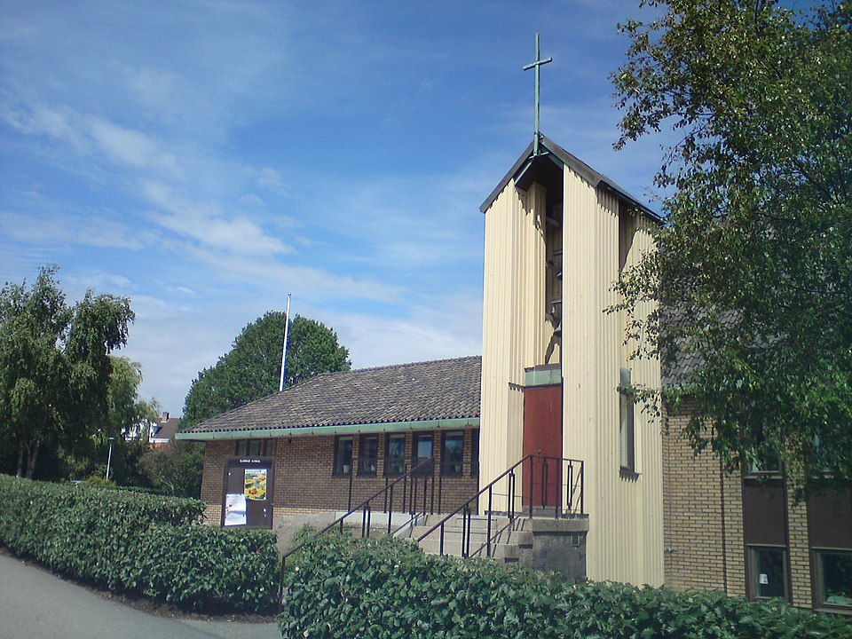 Picture of the front and main entrance of Björkö Kyrka located at the island Bohus-Björkö, Sweden.