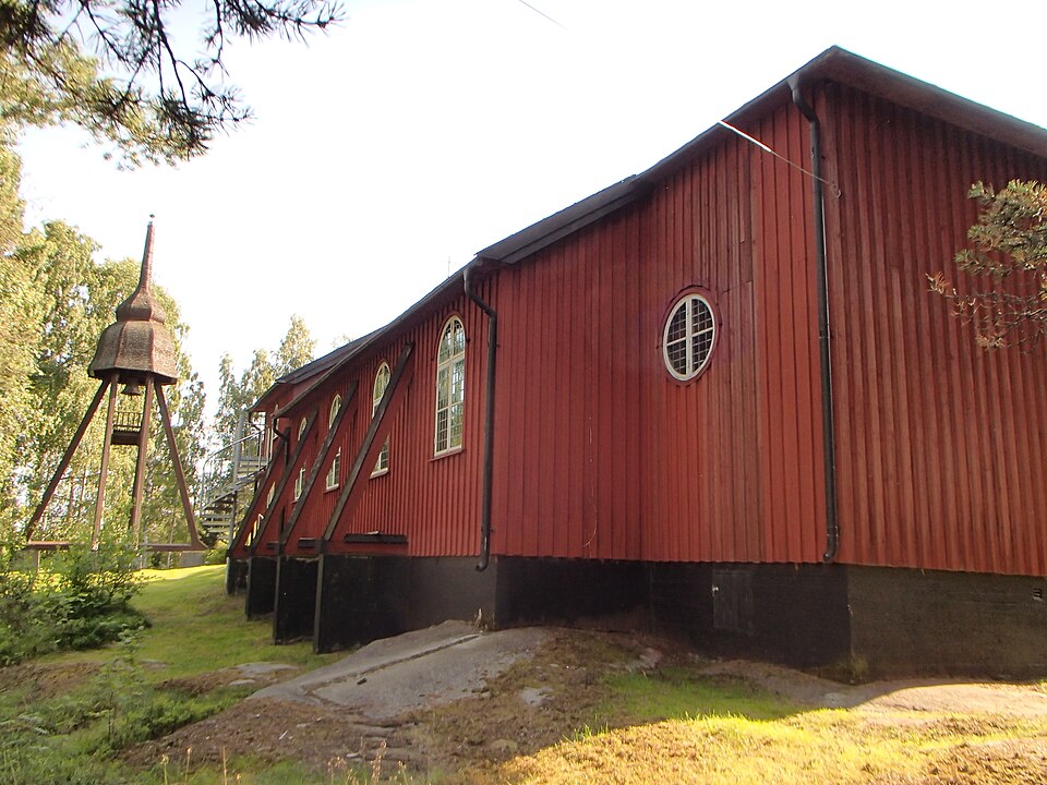 The church building and belfry of "Rundviks kyrka" at Bergsvägen 30, Rundvik, Nordmaling Municipality, viewed from north