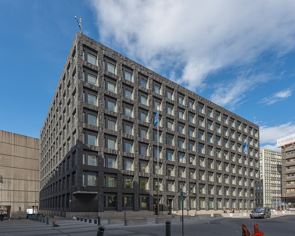Riksbankshuset, headquarter of Swedish National Bank. Inaugurated 1976. Architect: Peter Celsing. The Riksbank building (Riksbankshuset) is located at Brunkebergstorg 11 in Stockholm city.