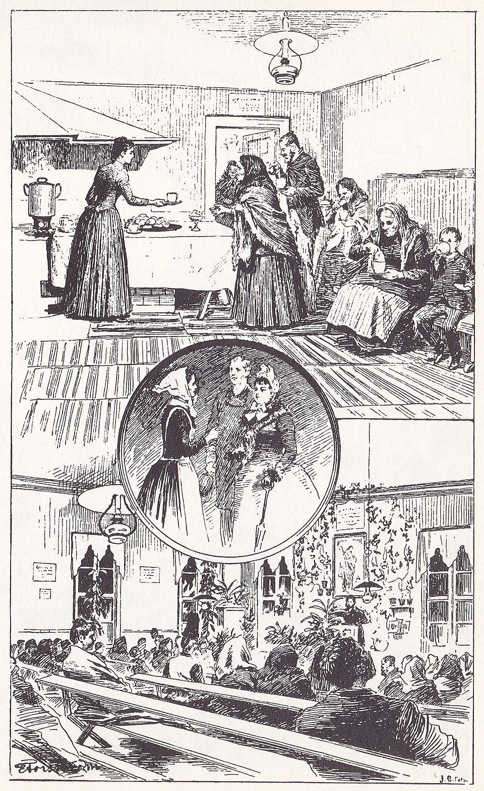 Fattigbjudning i en missionshydda (1882). Barn och vuxna bjuds på såväl andlig som lekamlig spis i missionshyddan på Stora Mejtens gränd 8. Bilden har återgivits flera gånger, t.ex: Claes Lundin: Nya