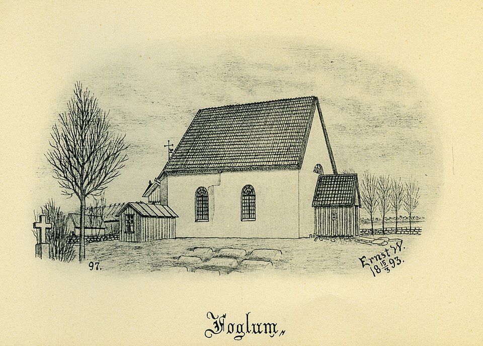 Fåglums kyrka år 1893 i Barne härad, Skara stift, Västergötland, Sverige. Teckning av Ernst Wennerblad ur Skara stifts kyrkor (1902).