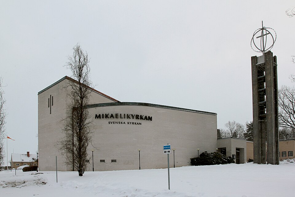 Church Mikaelikyrkan, Västerås, Sweden, in snowfall.