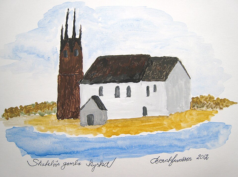 Skatelövs gamla kyrka.Akvarell efter teckning.